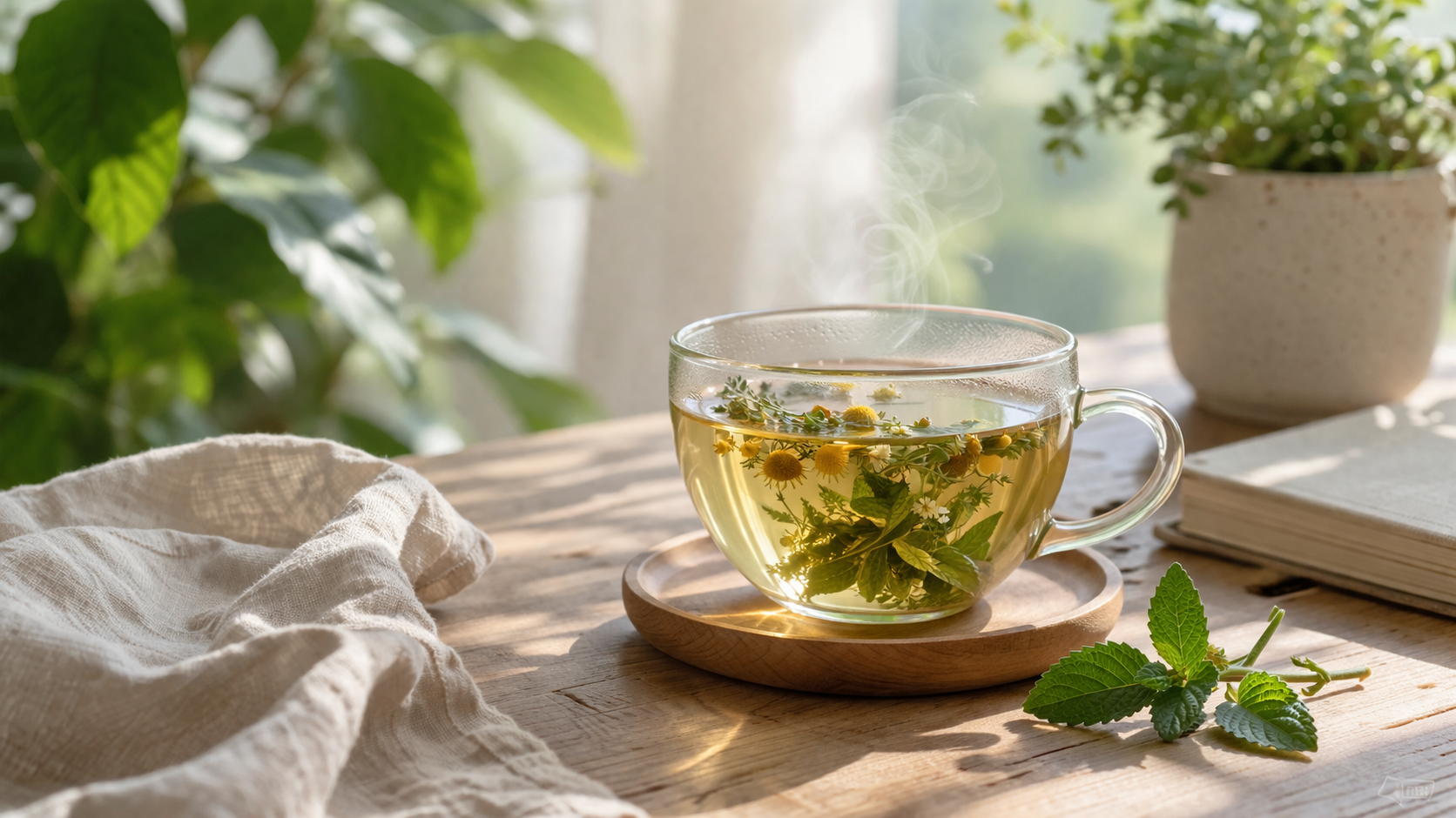 peaceful morning scene with herbal tea cup on wooden table, soft natural light, green plants in background, minimalist wellness aesthetic
