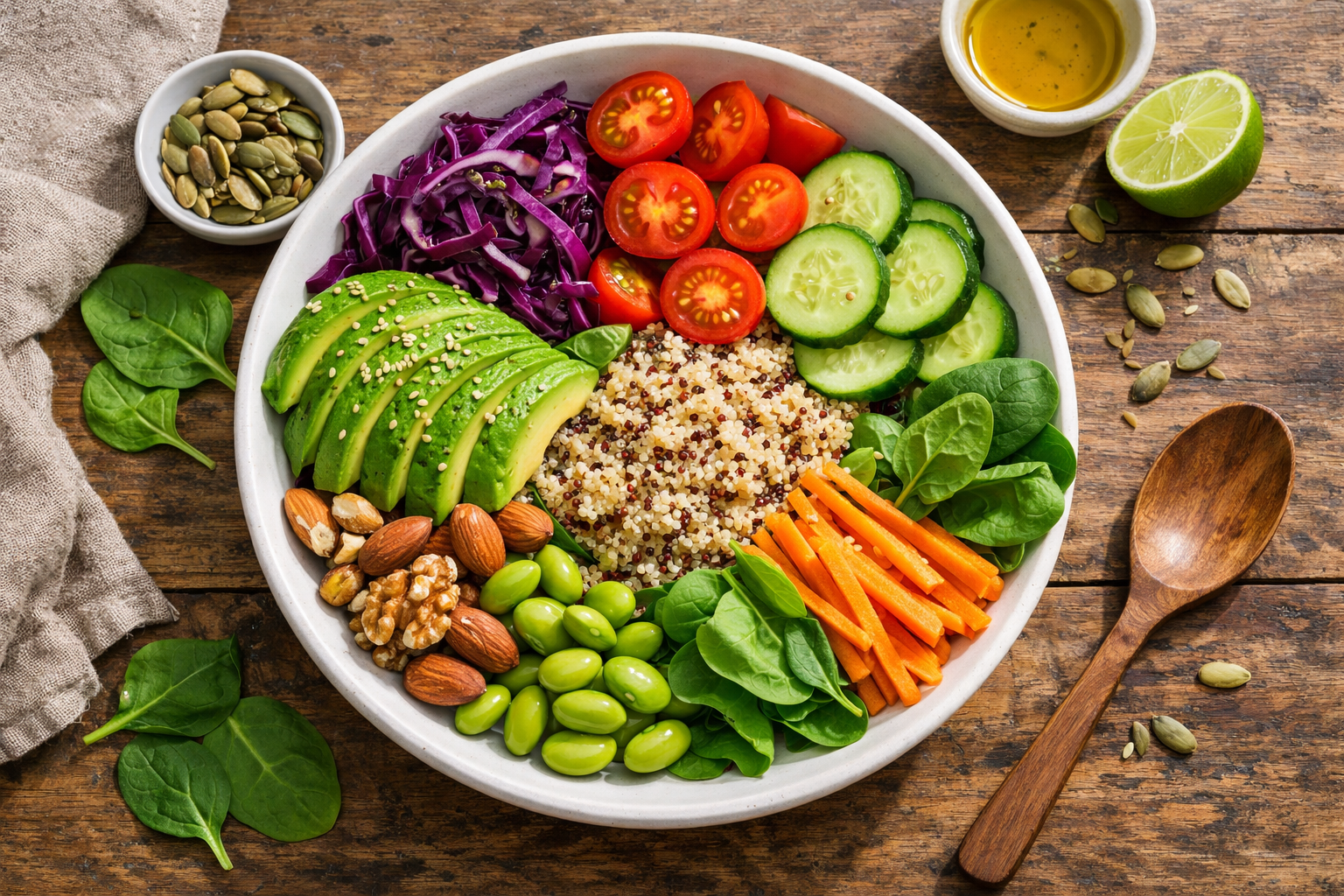 colorful healthy meal bowl with fresh vegetables, quinoa, avocado, nuts, top view, clean eating concept, natural daylight